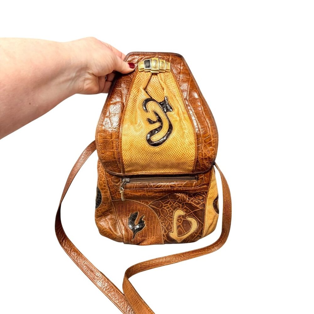 Sharif Vintage Leather Crossbody Bag Snakeskin Croc Embossed Brown USA Retro - Picture 13 of 16